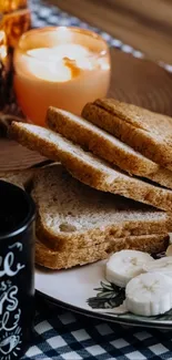 Cozy breakfast setup with coffee, toast, and candles.