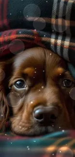 Cute brown puppy under plaid blanket, cozy mobile wallpaper.