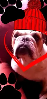 Cute bulldog wearing red hat wallpaper design.