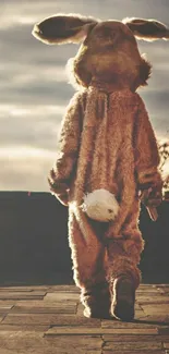 Person in bunny costume walking under a cloudy sky.