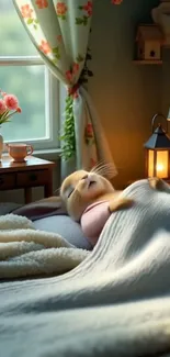 Cozy bunny sleeping in a vintage, floral-themed bedroom.