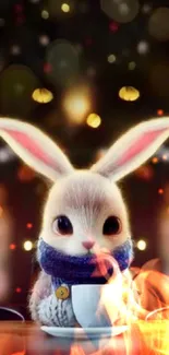 Adorable bunny with coffee cup and glowing lights.