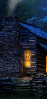 Cozy cabin in a forest at night with warm glowing windows.