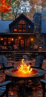 Cozy cabin with autumn leaves and a warm campfire during the evening.