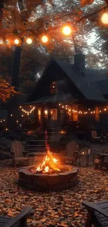 Autumn cabin scene with campfire and string lights at night.