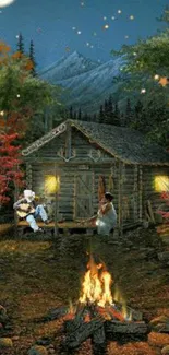 Cozy cabin and campfire under a starry autumn night sky.