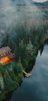 A cozy cabin by a misty forest lake at dusk, with an inviting warm glow.