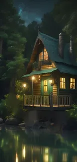 Cozy wooden cabin by a tranquil lake at night.