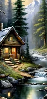 Cozy cabin by a stream in a misty forest.