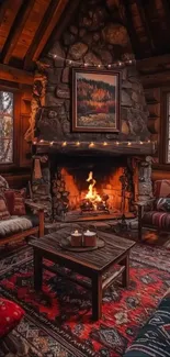 Cozy cabin interior with warm fireplace and rustic decor.