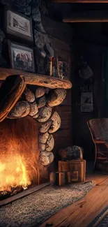 Rustic cabin interior with a glowing fireplace and wooden decor.
