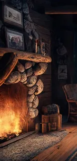 Rustic cabin interior with glowing fireplace and cozy decor.