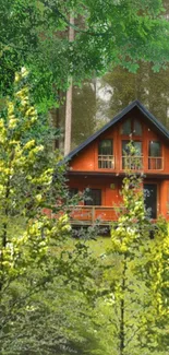 A cozy cabin nestled in a lush green forest with vibrant trees.