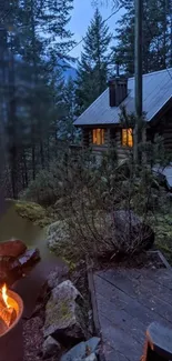 Cozy cabin in a forest with campfire at dusk.