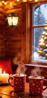 Cozy cabin interior with hot cocoa and Christmas tree.