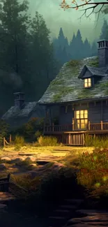 Cozy cabin in a forested autumn landscape with warm lighting.