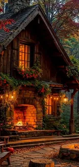 Cozy cabin with a fireplace in autumn forest setting.