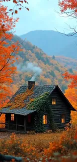Rustic cabin surrounded by colorful autumn trees in a serene mountain setting.
