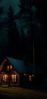 Cozy cabin illuminated amidst a dark forest night scene.