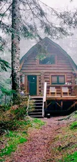 Rustic log cabin surrounded by lush, misty forest landscape.