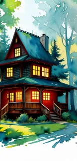 Artistic depiction of a cozy forest cabin with vibrant colors.