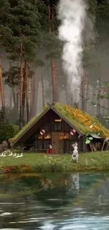 Cozy cabin by a misty lake in a forest with ducks.