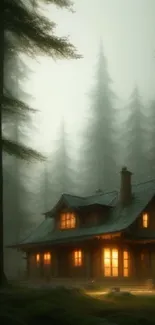 Cozy cabin glowing in a misty forest at dusk, surrounded by tall trees.