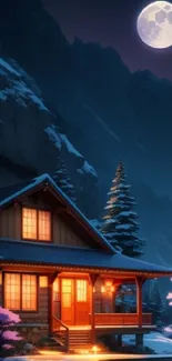 Cozy cabin under a moonlit mountain landscape at night.