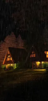 Cabin in forest at night with warm lights and a rainy sky.