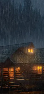 Cozy cabin illuminated in the rain at night.