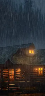 Cozy log cabin illuminated at night in rain.