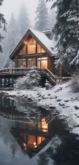 Cozy cabin by a snowy forest and reflective water stream.