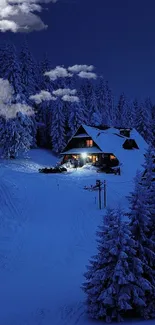 A cozy cabin glowing softly in a snowy night forest scene.