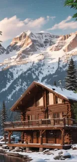 Log cabin in snowy mountain landscape