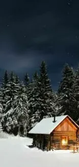 Snowy cabin in a starry winter forest night scene.