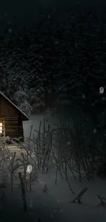 Snowy forest cabin illuminated at night.