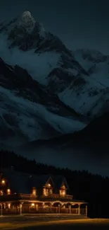 Moonlit mountain with cozy cabin at night.