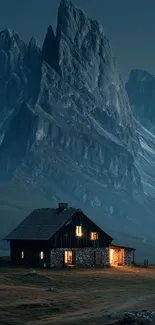 Cozy cabin at night with mountain backdrop.