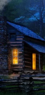 Cozy cabin with glowing windows at night in a forest scene.