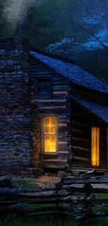 Serene cabin night scene with warm glow and rustic charm.