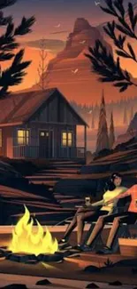 Illustration of a cabin with a campfire at dusk.