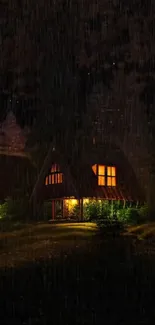 Cozy cabins illuminated at night in a tranquil forest setting.