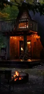 Cozy cabin with warm lights and a nighttime forest backdrop.