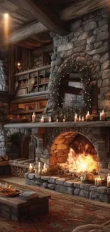 Rustic cabin with a cozy stone fireplace.