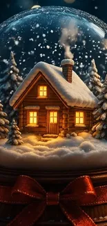 Cozy log cabin in a snow globe with snowy trees and red ribbon.