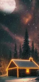 Cozy cabin under a full moon in a snowy forest landscape.
