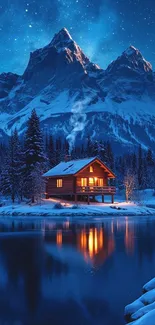 Cozy cabin by a mountain lake under a starry sky.