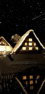 Cozy snowy cabin under a starry night sky.