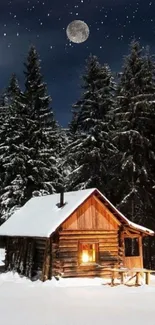 Snow-covered cabin under a starry moonlit sky in a forest.