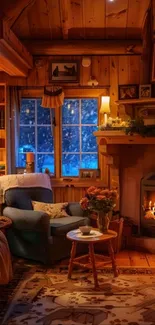 Cozy cabin interior with fireplace and armchair.